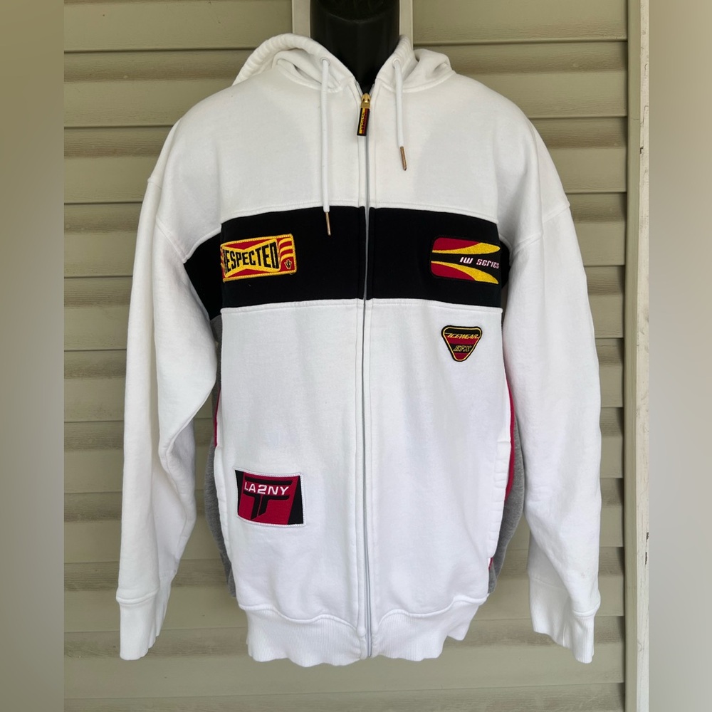 Icewear Full Zip Adult Size Large White Hoodie Sweater Spellout Logo Patches Y2K